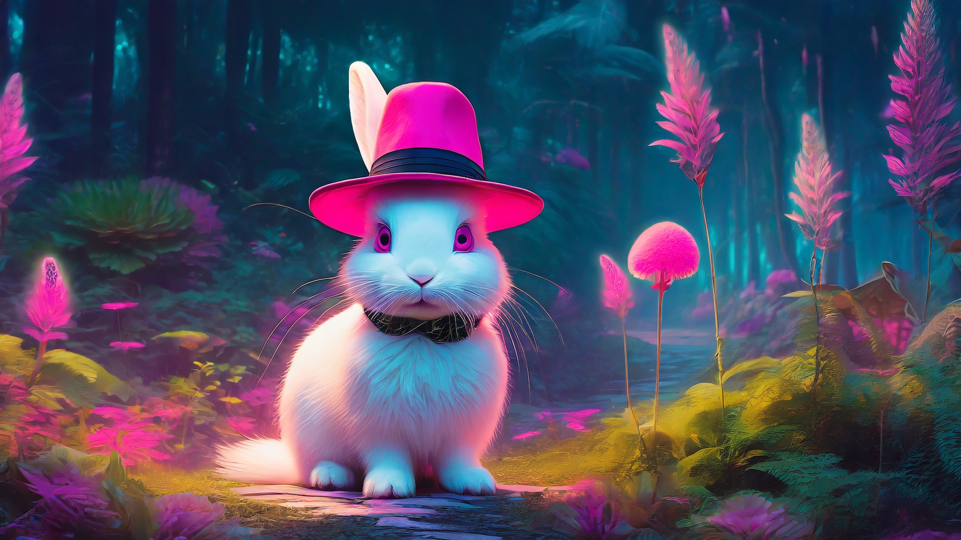 White rabbit with pink hat